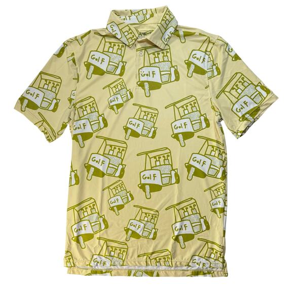 SOSIK Golf Cart Print Polo Shirt Men’s Small Yellow Funny Golf Tee - Picture 1 of 10